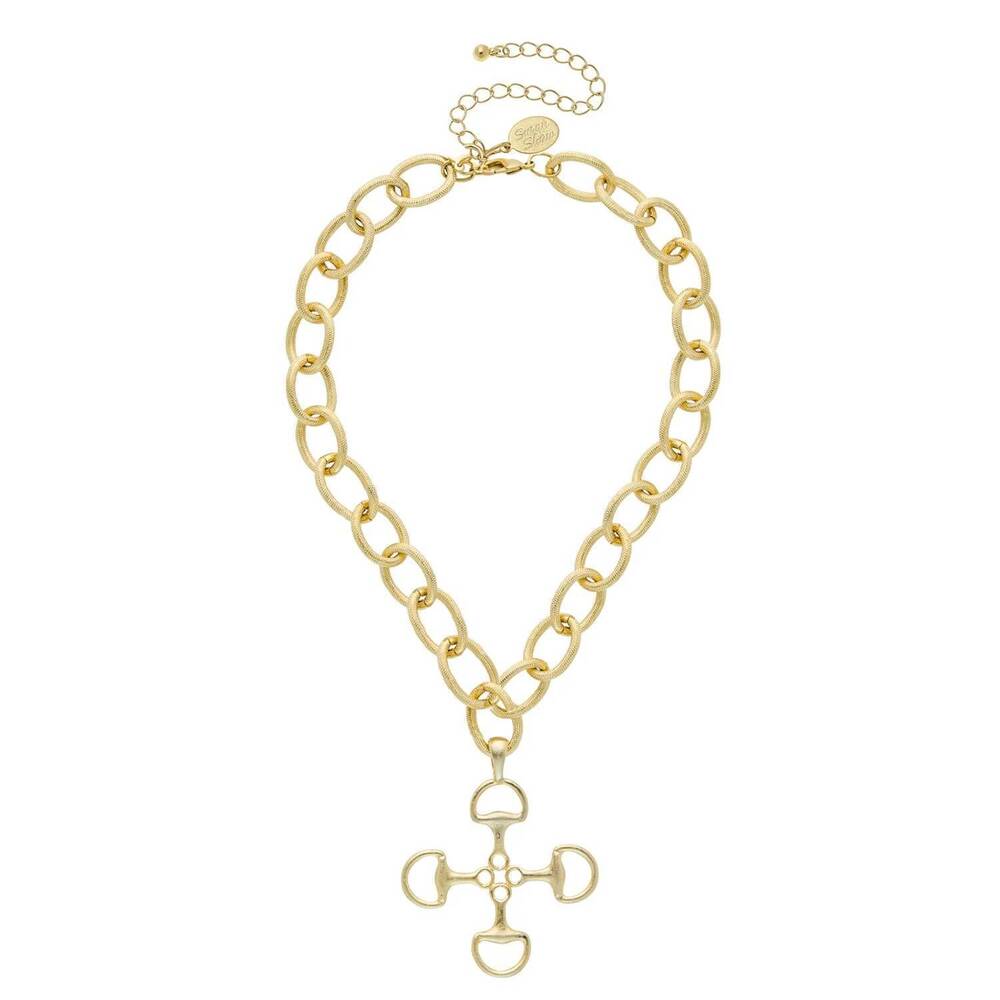 NEW SUSAN SHAW horsebit & cross necklace in gold